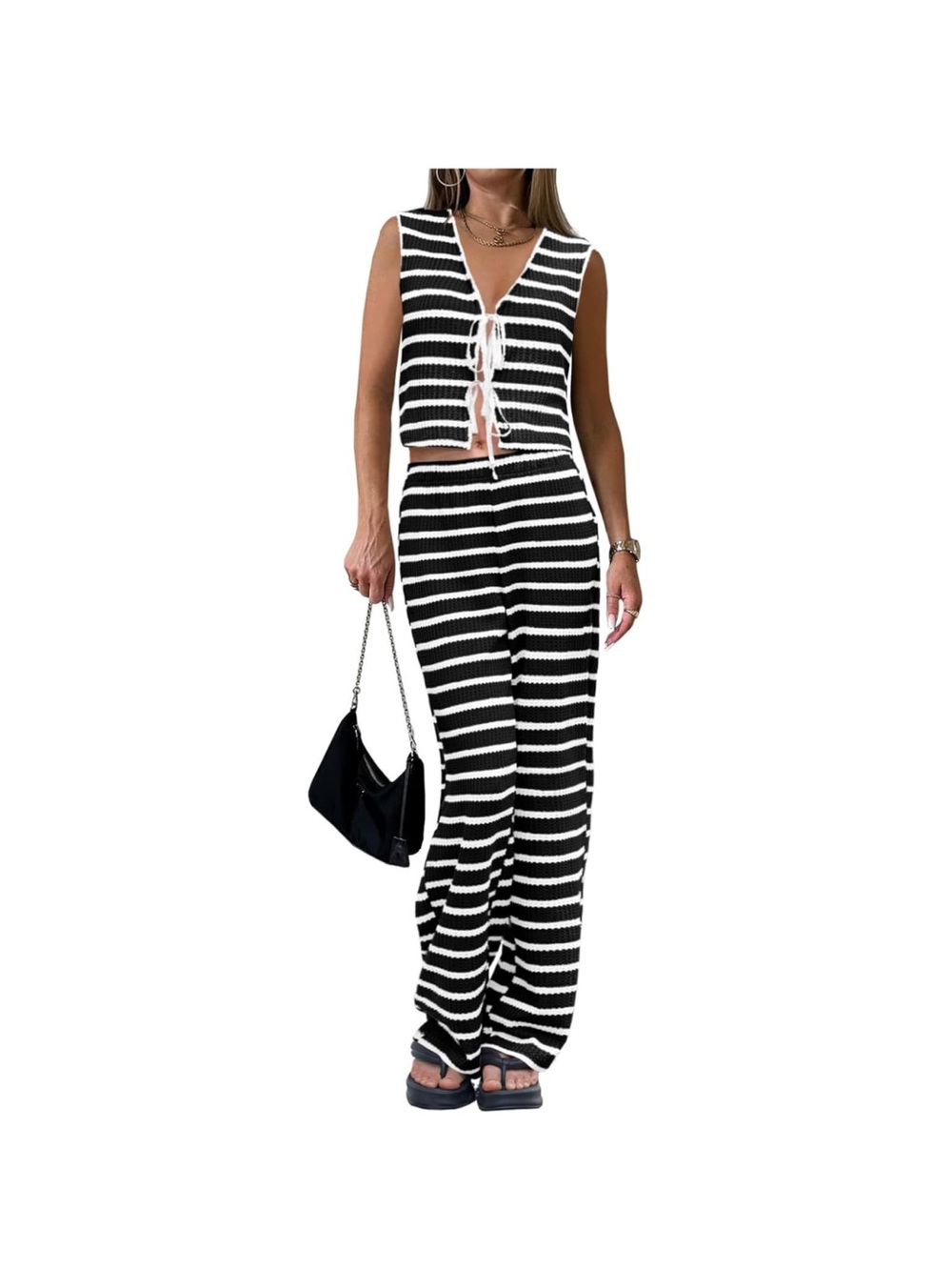 Striped Wide-Leg Knit Pants Set - Black & White